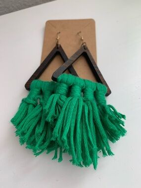 Handmade Green Fringe Wooden Triangle Dangle Earrings